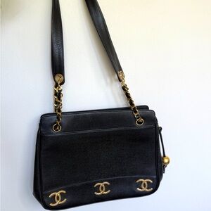 Vintage Chanel CC Black Caviar Leather Tote Gold Hardware